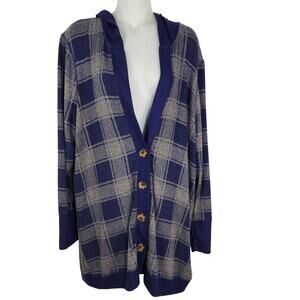 Maurices Hooded Cardigan Sweater Size XL Blue Gray Plaid Stretch V Neck Buttons